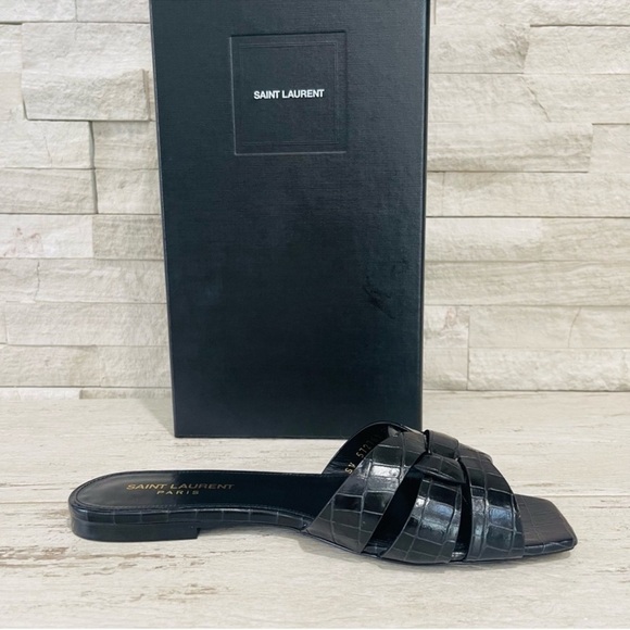 Saint Laurent Size 37 YSL Leather TRIBUTE Black Croc Embossed Flat Slide Sandals - Picture 5 of 13